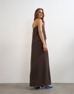 Model wearing Heavy crepe fold over bandeau maxi dress with tassel detail in chocolate