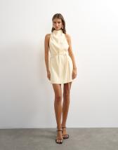Topshop heavy crepe high cowl neck mini dress with tie waist in cream