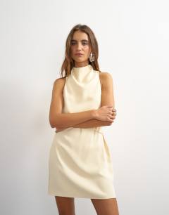 Model wearing Heavy crepe high cowl neck mini dress with tie waist in cream