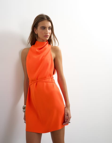 Topshop heavy crepe high cowl neck mini dress with tie waist in red - view 1