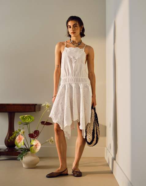 Topshop heavy embroidered hanky hem mini dress in white - view 1