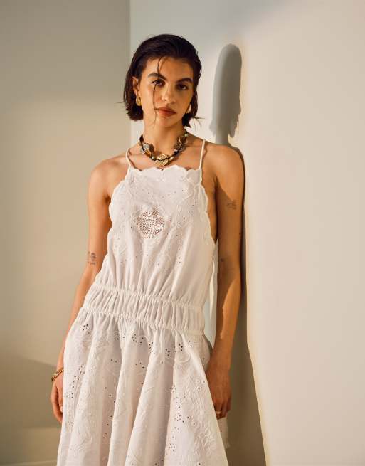 Topshop Heavy Embroidered Hanky Hem Mini Dress in White