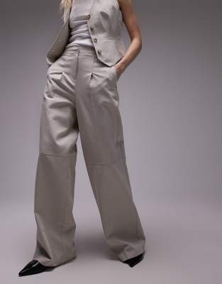 Topshop Heavy Linen Seamed Wide Leg Pants In Ecru-white