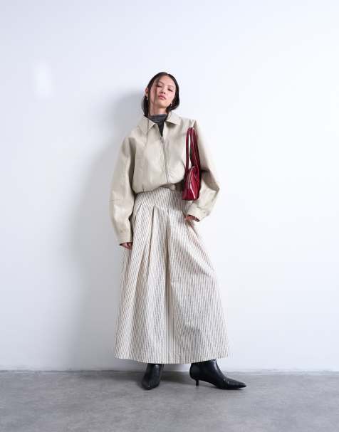 Topshop heavy pleated maxi full circle skirt in woven mono stripe - view 1