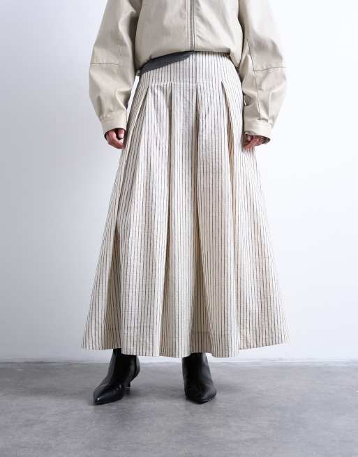 Topshop heavy pleated maxi full circle skirt in woven mono stripe