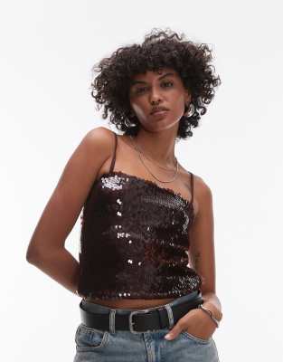 Topshop Heavy Sequin Cami In Brown