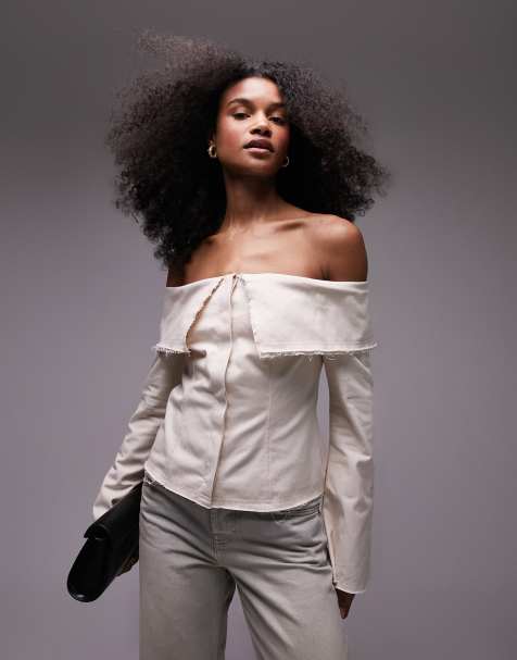 Topshop heavy twill bardot off the shoulder top in cream - view 1