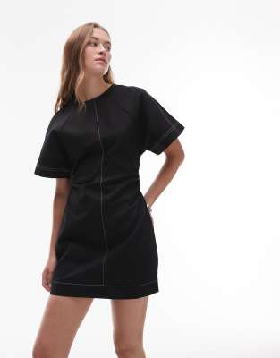 heavy twill contrast stitch short sleeve mini dress in black