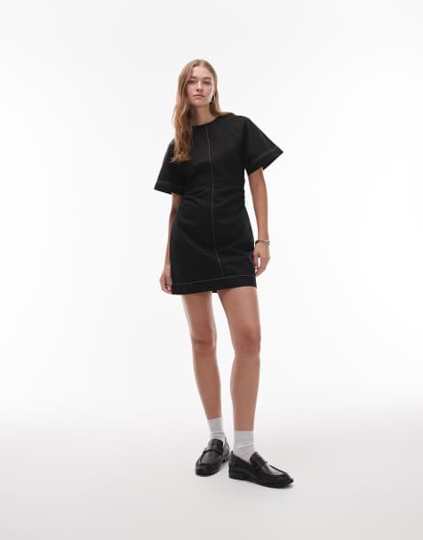 Topshop heavy twill contrast stitch short sleeve mini dress in black - view 1