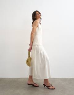 Heavy twill dropped waist maxi dress with full skirt in natural
