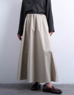 Model wearing Heavy twill full circle midi skirt in taupe