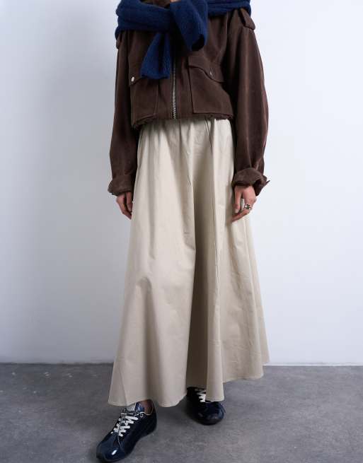Topshop heavy twill full circle midi skirt in taupe, 2 of 5