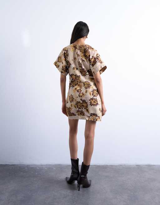 Topshop heavy twill structured mini dress in yellow winding floral