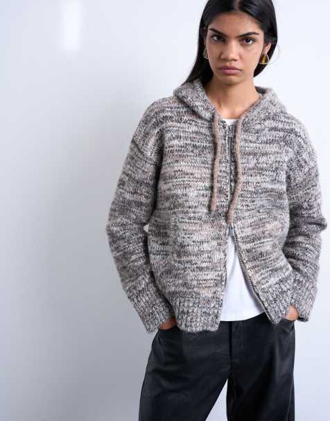Topshop heavy twist yarn knit hoodie in gray - view 1