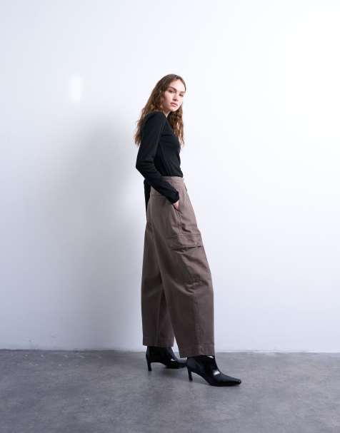 Topshop heavy wash cargo pants with pleats in brown - view 1