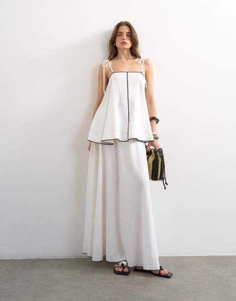 Topshop heavyweight linen rich maxi skirt with black contrast piping in white - part of a set - view 1