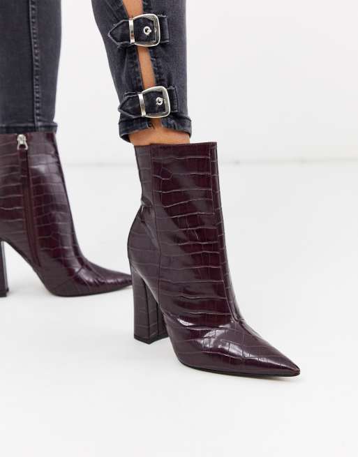 Topshop heeled croc pointed boots in burgundy ASOS