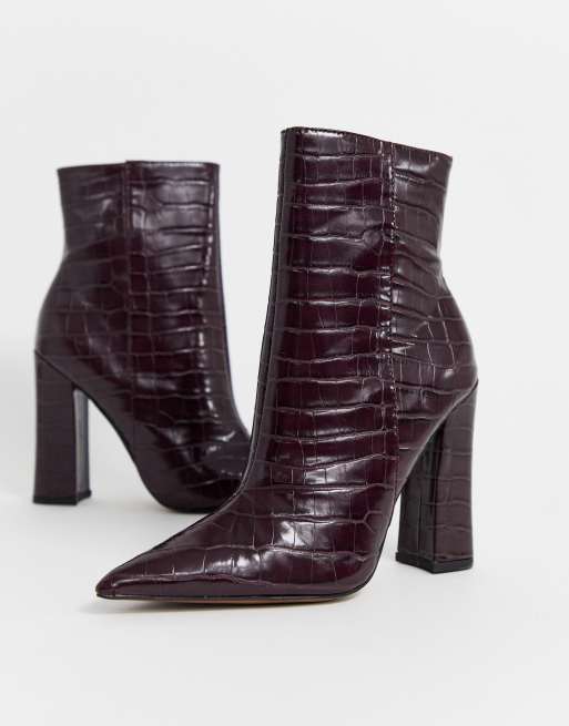 Topshop heeled croc pointed boots in burgundy