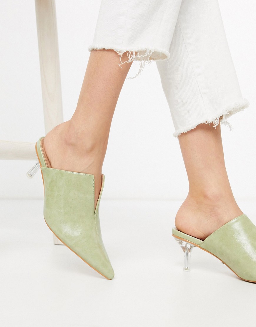TOPSHOP HEELED MULES WITH CLEAR HEEL IN SAGE-GREEN,32J10SSGE