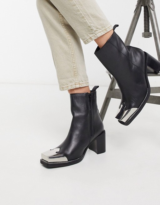Topshop heeled western boots with metal toe cap in black