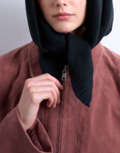 Model wearing Heidi hooded scarf in black