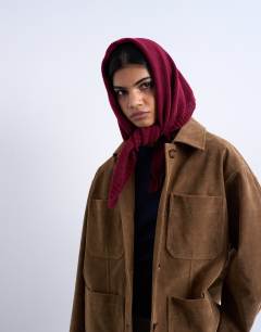 Model wearing Heidi hooded scarf in burgundy