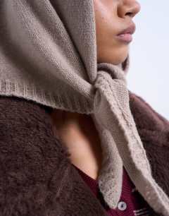 Model wearing Heidi hooded scarf in taupe 