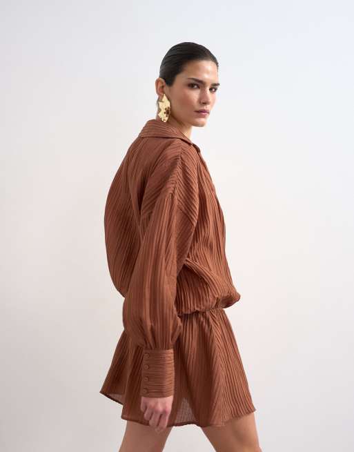 Topshop – Hemdblusenkleid in strukturiertem Rostrot mit tief angesetzter Taille und Wickeldesign, 4 von 4