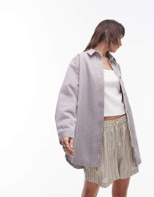 Topshop - Hemdjacke aus Denim in Sandstorm-Grau