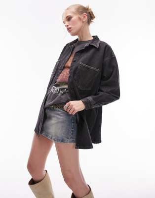 Topshop - Hemdjacke aus Denim in verwaschenem Schwarz-Black