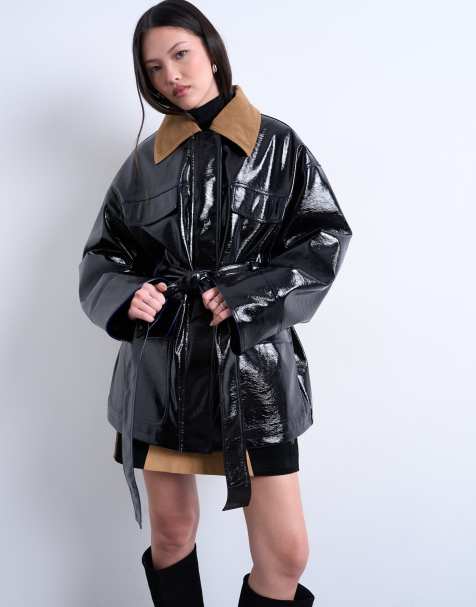 Topshop – Hemdjacke aus Vinyl in Marineblau mit Tasche in Kontrastfarbe und 4 Taschen - view 1