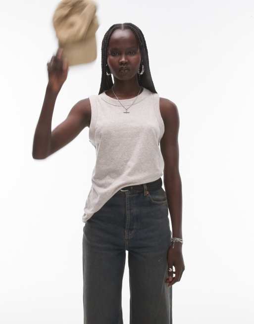 Topshop - Hemdje met lage ronde hals in gemêleerd lichtbeige