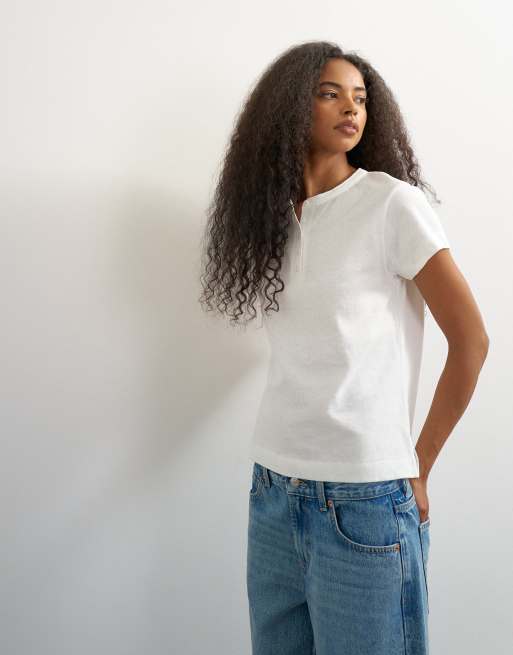 Topshop henley aderente a maniche corte in misto lino bianco, 3 di 4
