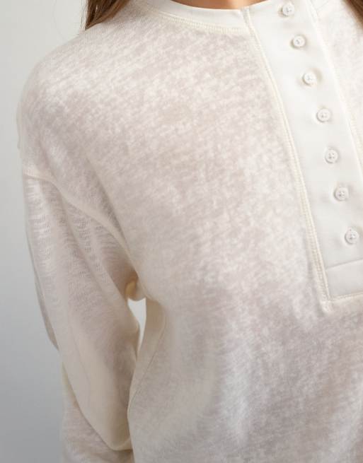 Topshop henley met brede knoopbies en lange mouwen in ecru, 3 van 4