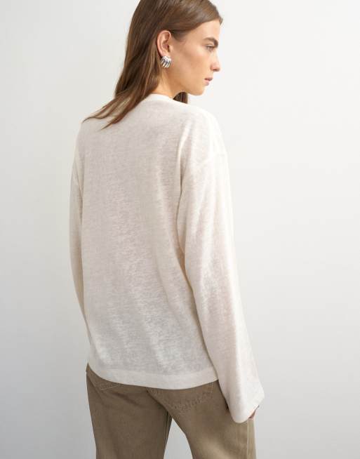 Topshop henley met brede knoopbies en lange mouwen in ecru, 4 van 4