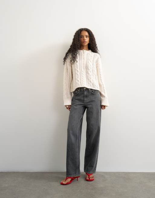 Topshop henley neck easy fit cable knit sweater in oat, 3 of 4