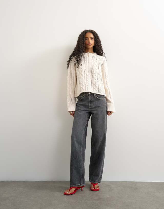 Topshop henley neck easy fit cable knit sweater in oat | ASOS