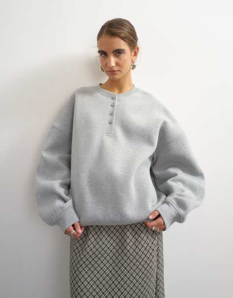 Topshop henley-sweatshirt med knappdetalj i gråmelerad - view 1