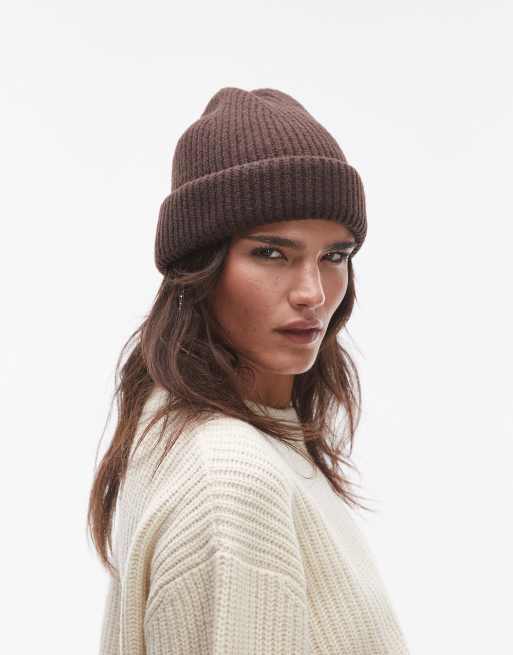 Topshop Henry ribbed beanie in chocolate