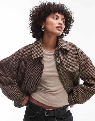 Topshop Heritage Check Wool Blend Bomber Jacket With Tab Detail In Multi