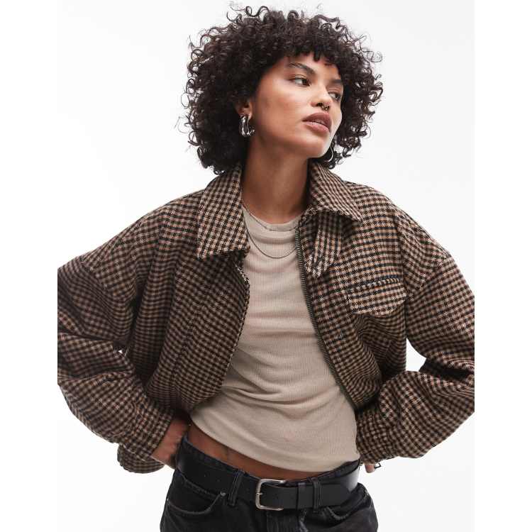 Topshop heritage check wool blend bomber jacket with tab detail in