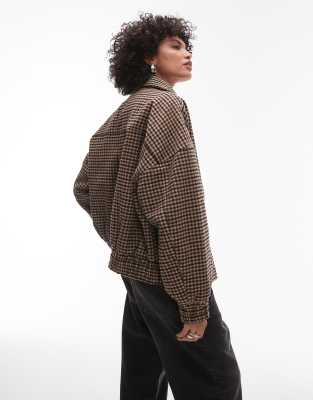 Topshop heritage check wool blend bomber jacket with tab detail in multi