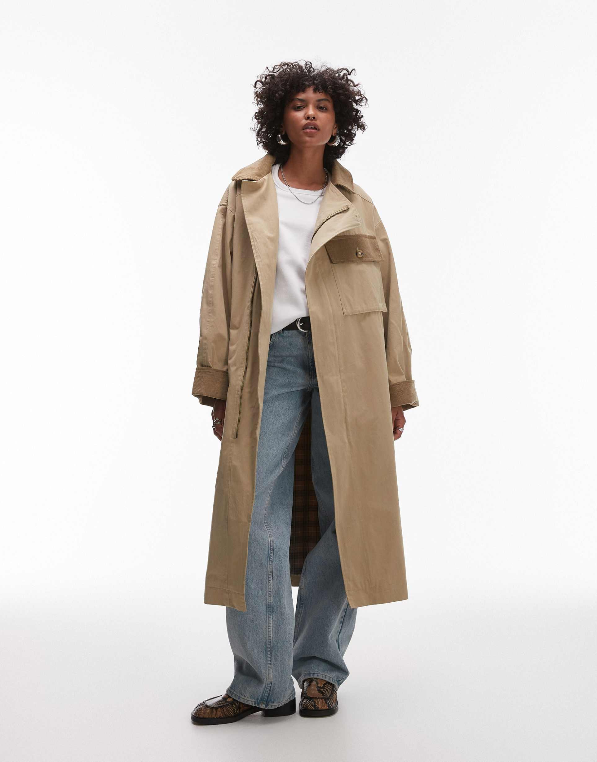 topshop heritage trench coat with check lining in camel