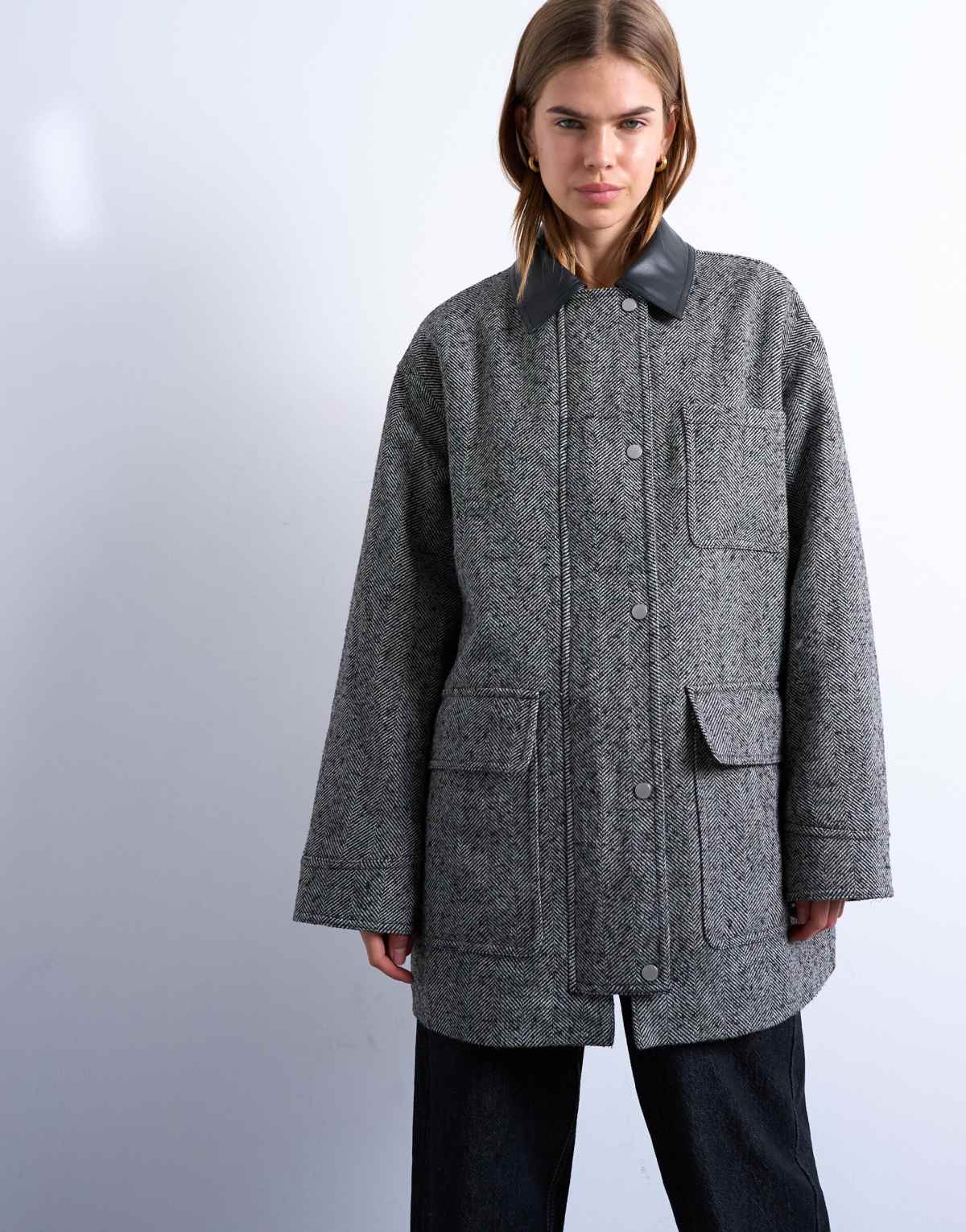 Topshop heritage twill field jacket with contrast faux leather collar in black