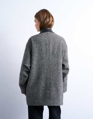 Topshop Heritage Twill Field Jacket With Contrast Faux Leather Collar In Gray