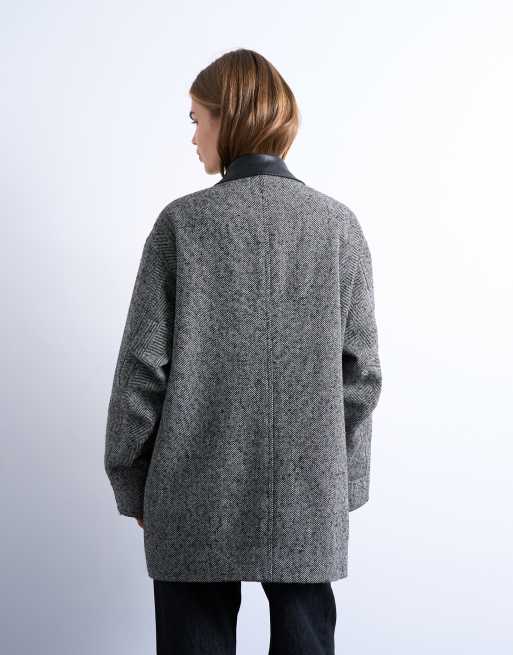 Topshop heritage twill field jacket with contrast faux leather collar in black, 2 of 4
