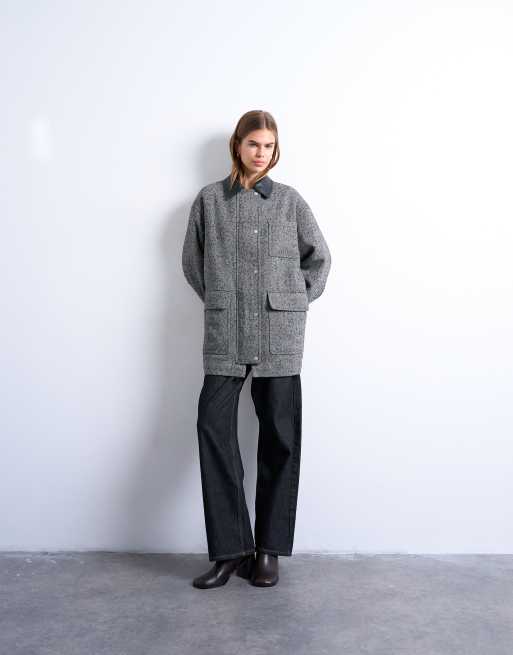 Topshop heritage twill field jacket with contrast faux leather collar in black, 3 of 4