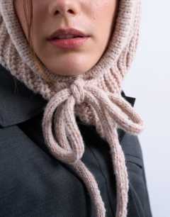 Model wearing Hero hooded balaclava in beige