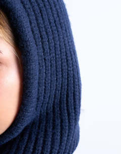 Model wearing Hero ribbed balaclava in navy