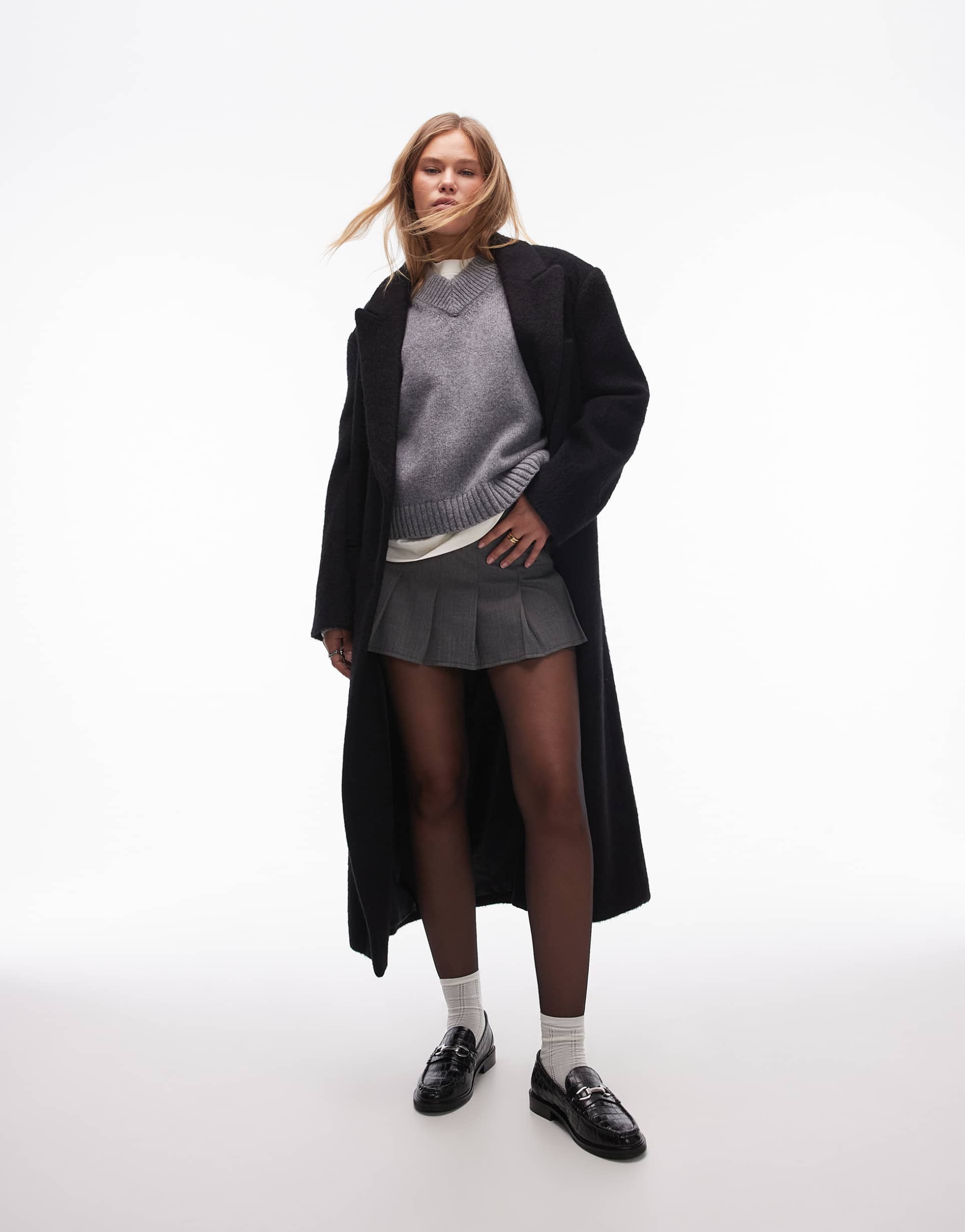 topshop herringbone pleated micro mini skirt in gray